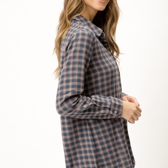 MYSTREE Navy Rust Plaid Fringe Hem Button Up Shirt, Long Sleeve Flannel Top - Picture 3 of 7